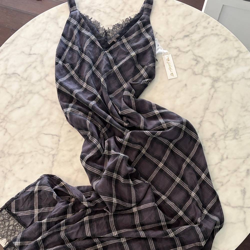 Gold Hawk Charcoal Cotton Plaid Maxi Dress w Lace,  Size SM   *NWT*